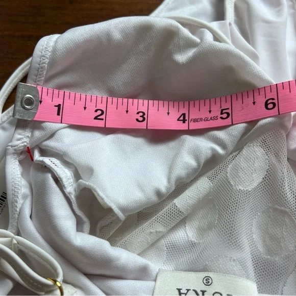 Aura White One Piece Swimsuit Sheer Panels Polka Dots Off Shoulder Size Small - Picture 7 of 11